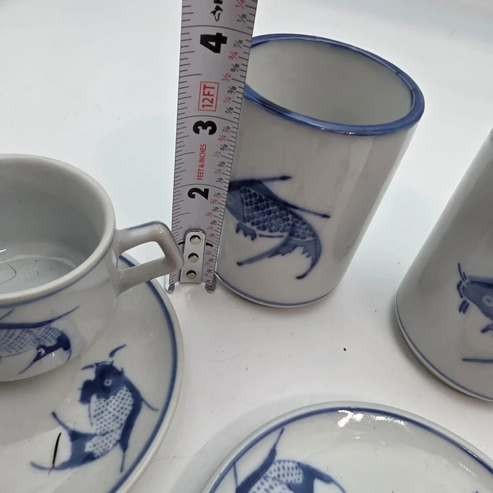 Pier 1 Blue White Koi Fish Ceramic Tea Tumblers and Espresso Cup Saucer Set